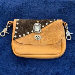 HANDCRAFTED Tan and Brown Embellished Clutch